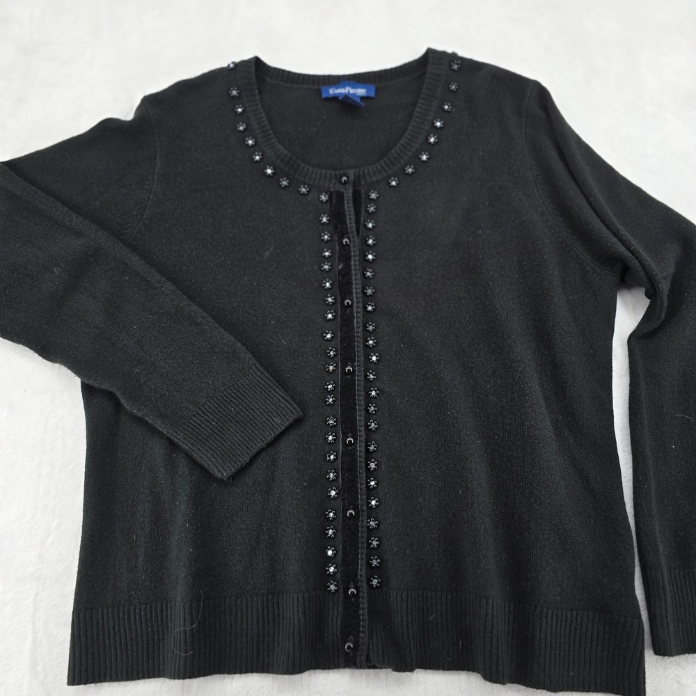 Evan-Picone Cardigan Women's 3X Sweater Black Beaded Velvet Trim Crew‎ Neck